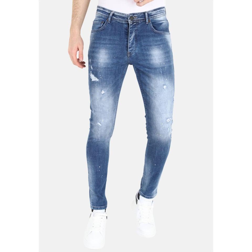 Slim Fit Spijkerbroek Heren Met Verfspatten -MM108 - Blauw