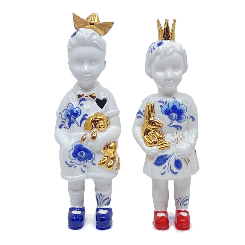 Kleine Jongen Delfts Blauw Gouden Bootje 14cm - Gewicht : 14cm