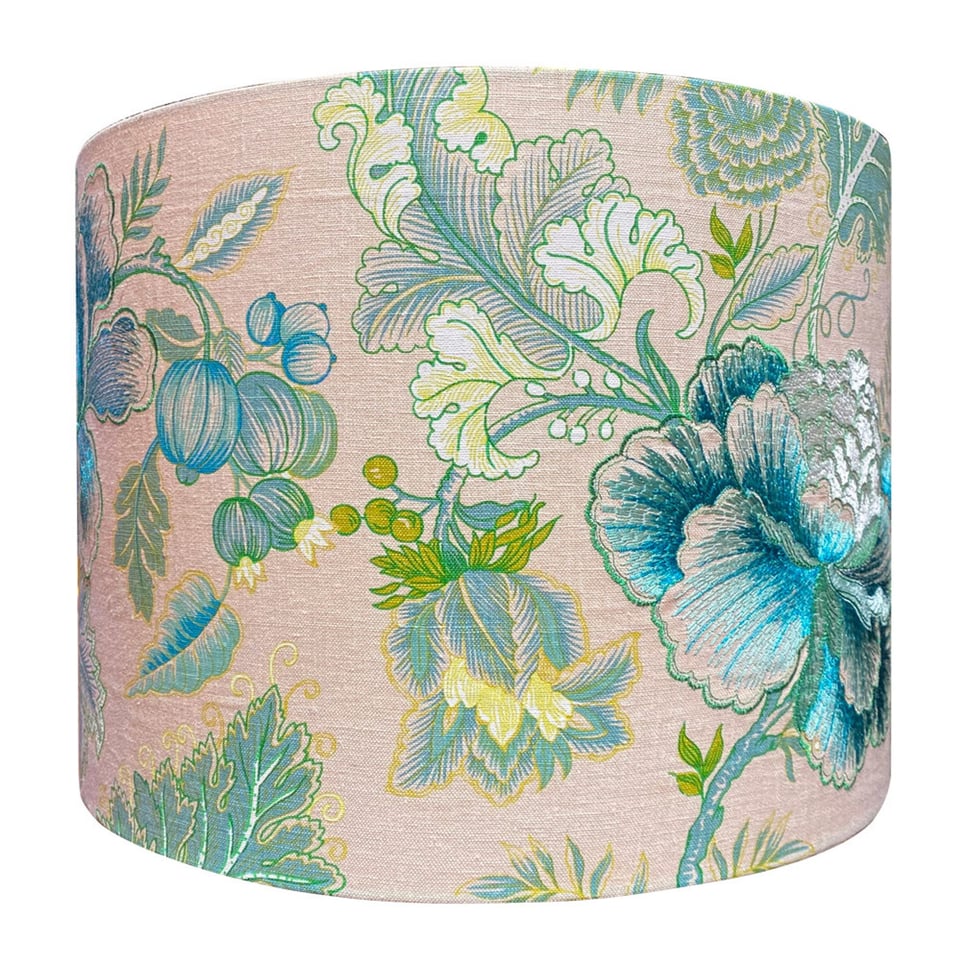 Lampenkap Bloemen Turquoise Op Beige B40xH35cm Geborduurd