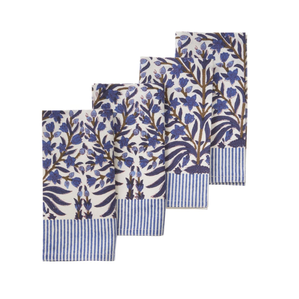 Bungalow Blauw Gebloemd en Gestreepte Blokprint Servetten Jasmine Indigo, 4 Stuks 45 X 45 Cm