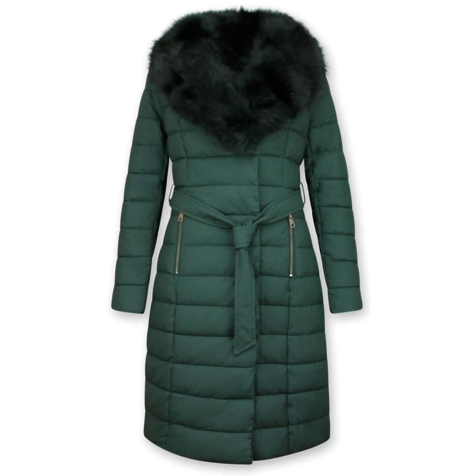 Lange Dames Winterjas Parka Met Zwarte Faux Bontkraag Groen