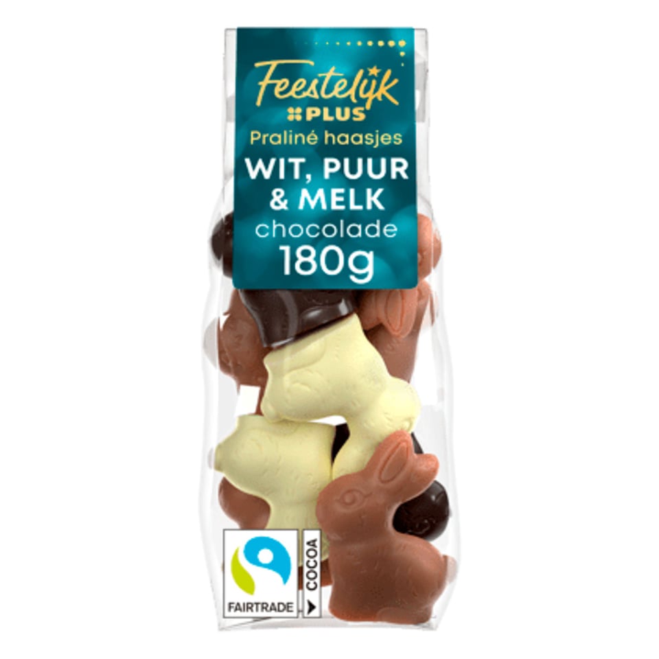 Feestelijk PLUS Praline Haasjes M/P/W Fairtrade