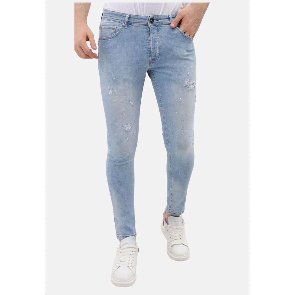 Slim Fit Stretch Heren Jeans Met Paint en Gaten - MM-S-108 - Blauw