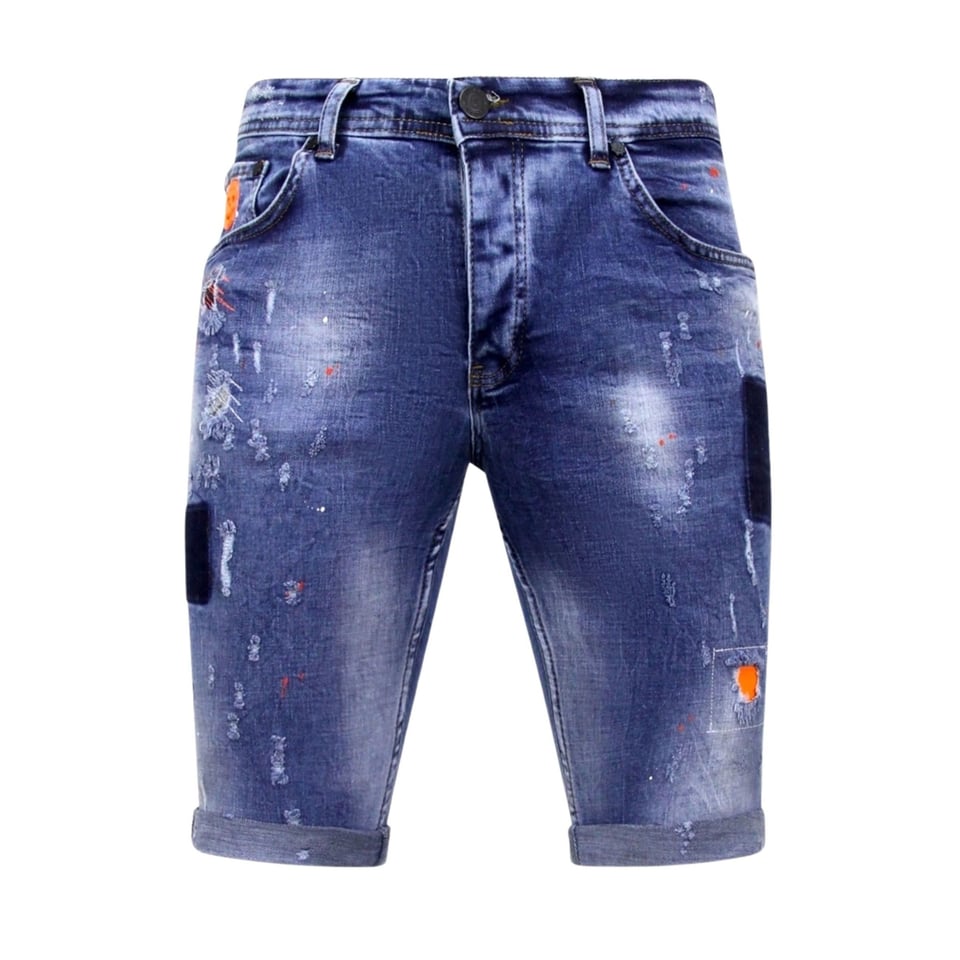 Korte Skinny Broek Met Verfspatten Heren -1008-SH- Blauw