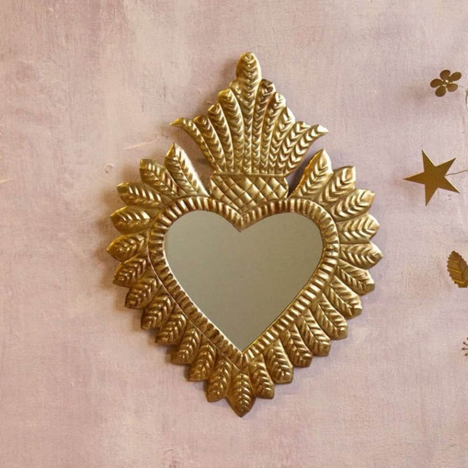 Spiegeltje Hart Met Pluimen Antiek Goud 29x36cm