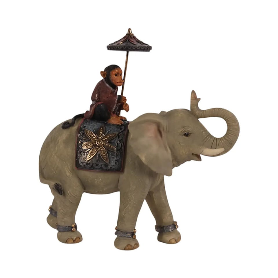 Beeldje Olifant en Aapje Met Parasol Multicolor 19x19cm