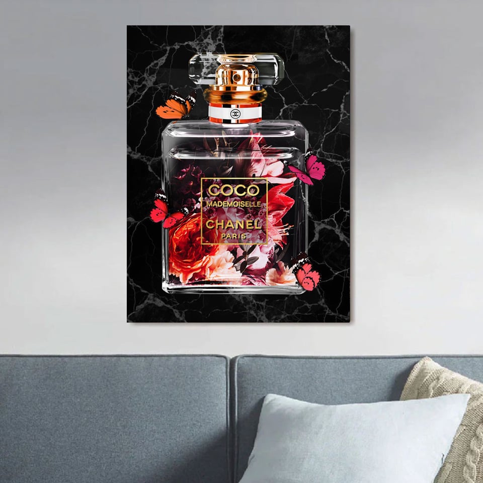 Glasschilderij Coco Chanel Vlinders 60x80cm Goudfolie