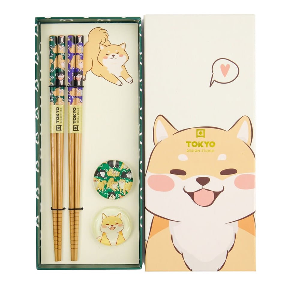 Eetstokjes Shiba Dog Met Opleggers Set 2 in Cadeau Doos