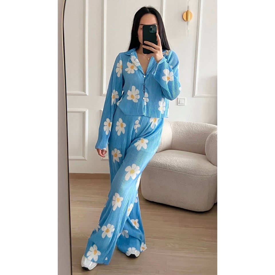 Ribbed Flower Wide leg pants - Blue