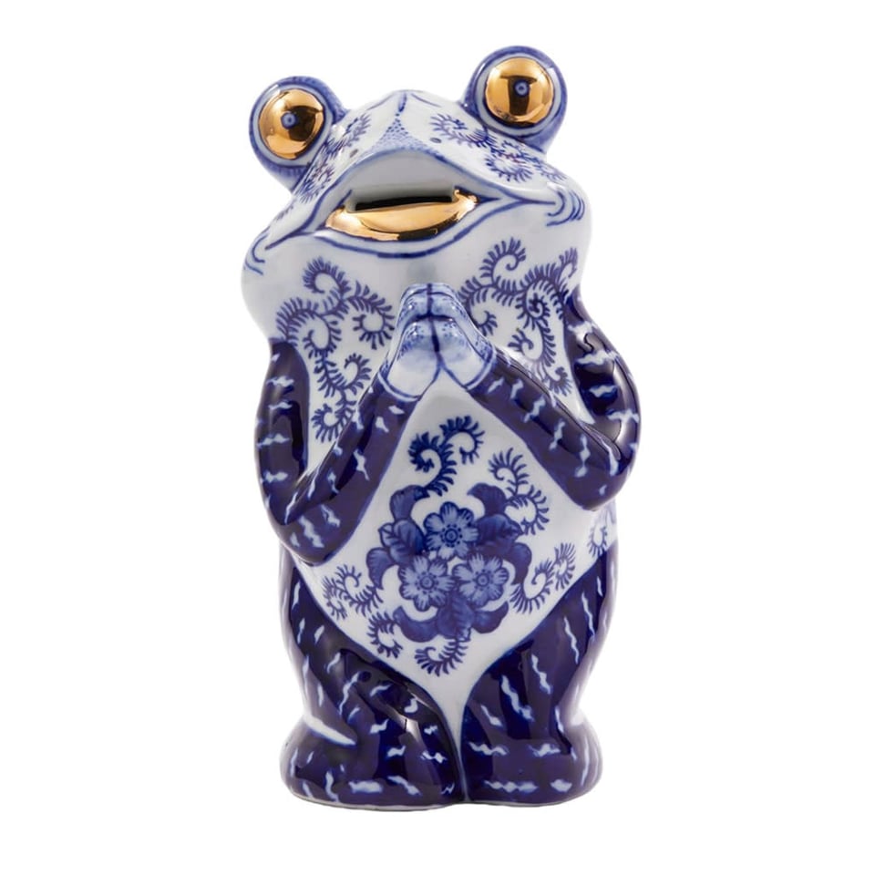 Beeld Spaarpot Kikker Blauw Goud Porselein 14x26cm