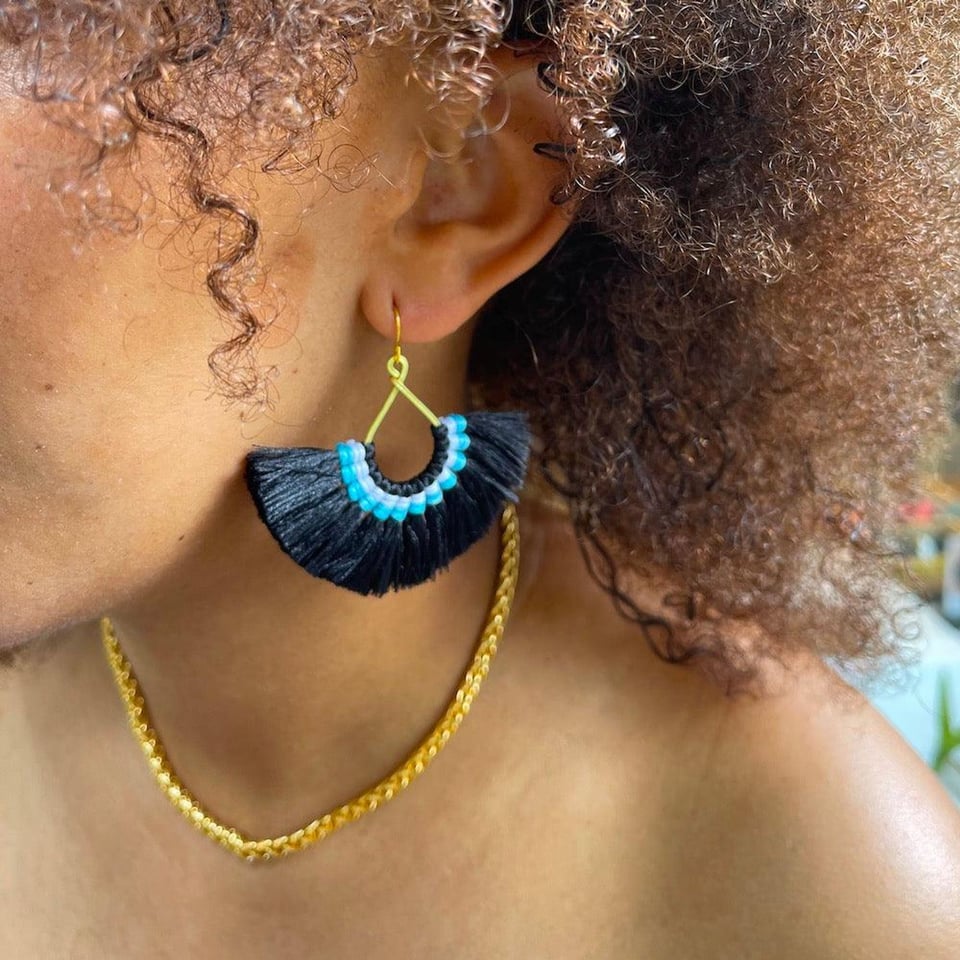 Black Blue Fan Earrings