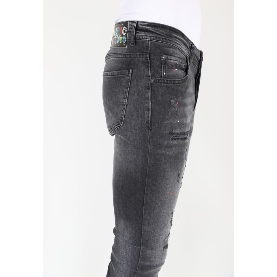 Heren Ripped Biker Jeans Met Verfspatten Slim-Fit -MM107- Zwart