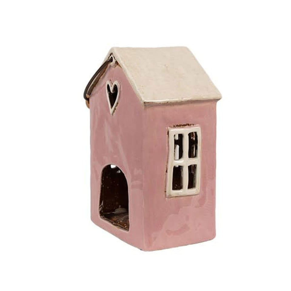 Waxinelichthouder Huisje Roze Keramiek 16x11x22cm Met Hengsel