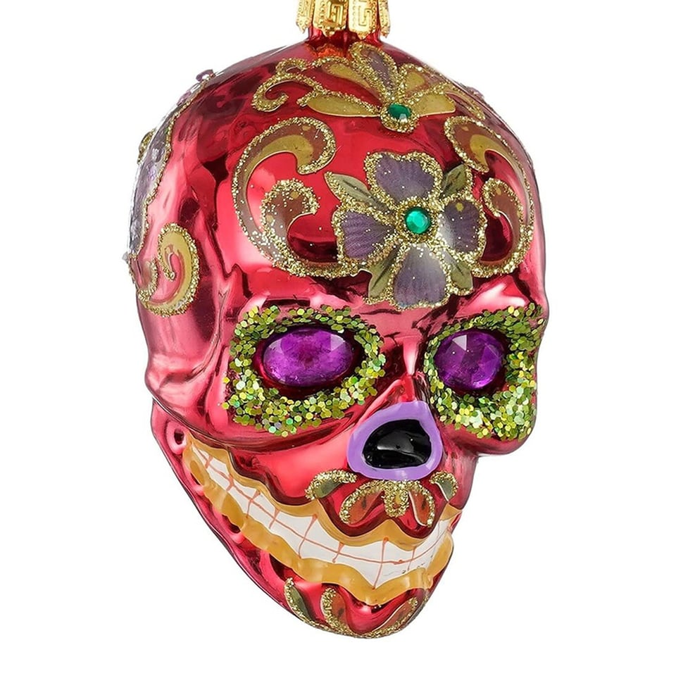 Kerstbal Skull Multicolor Roze Glas 6x9x7cm Met Glitters