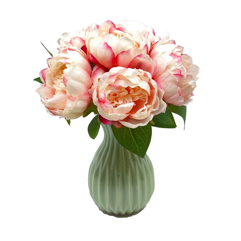 Kunstbloemen Boeket 6 Pioenrozen Roze-Wit 29cm