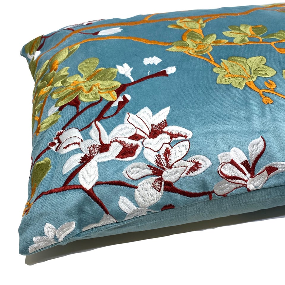 Sierkussen Vogels Op Tak Licht Blauw Velours 60x35cm