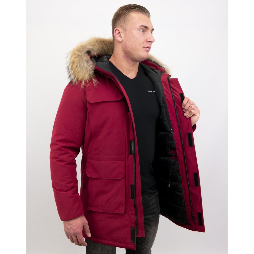 Parka Heren Winterjas Met Grote Echte Bontkraag Rood