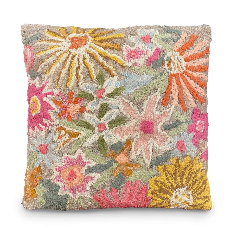 Sierkussen Bloemen Geel Multicolor Getuft 50x50cm