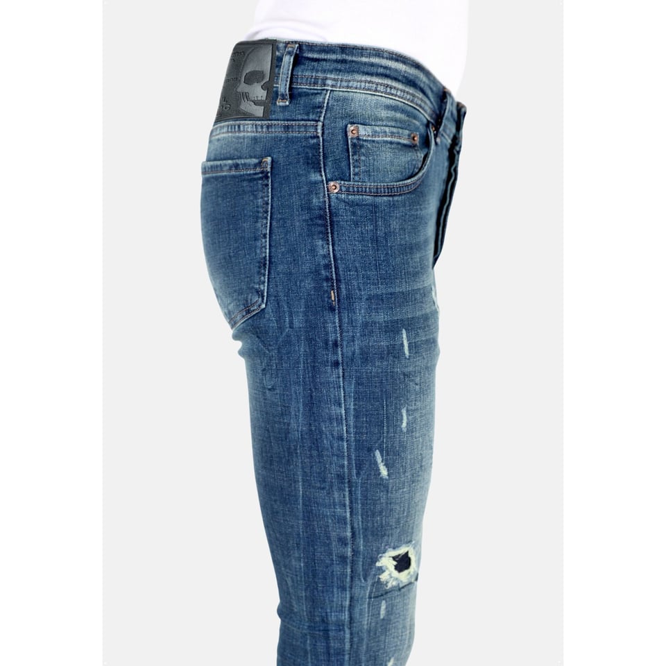 Blauwe Slim Fit Jeans Met Scheuren Heren -MM118- Blauw