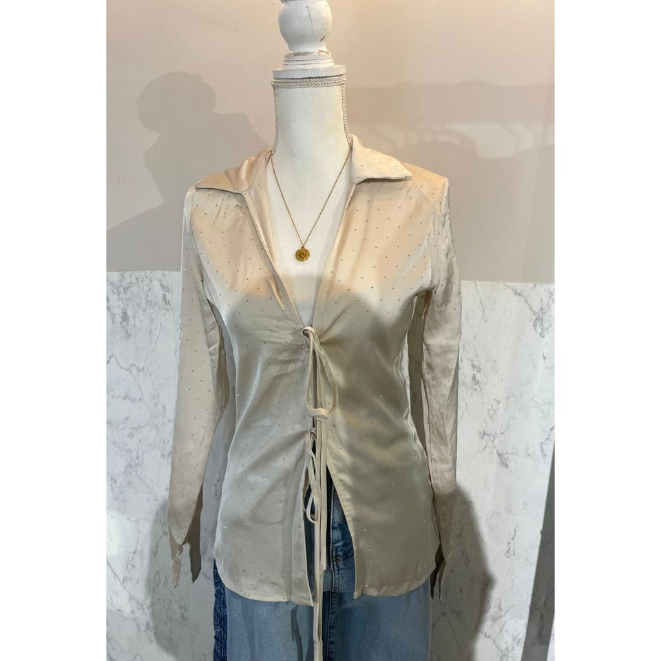 Cream Satin Blouse strass / Bowtie - S