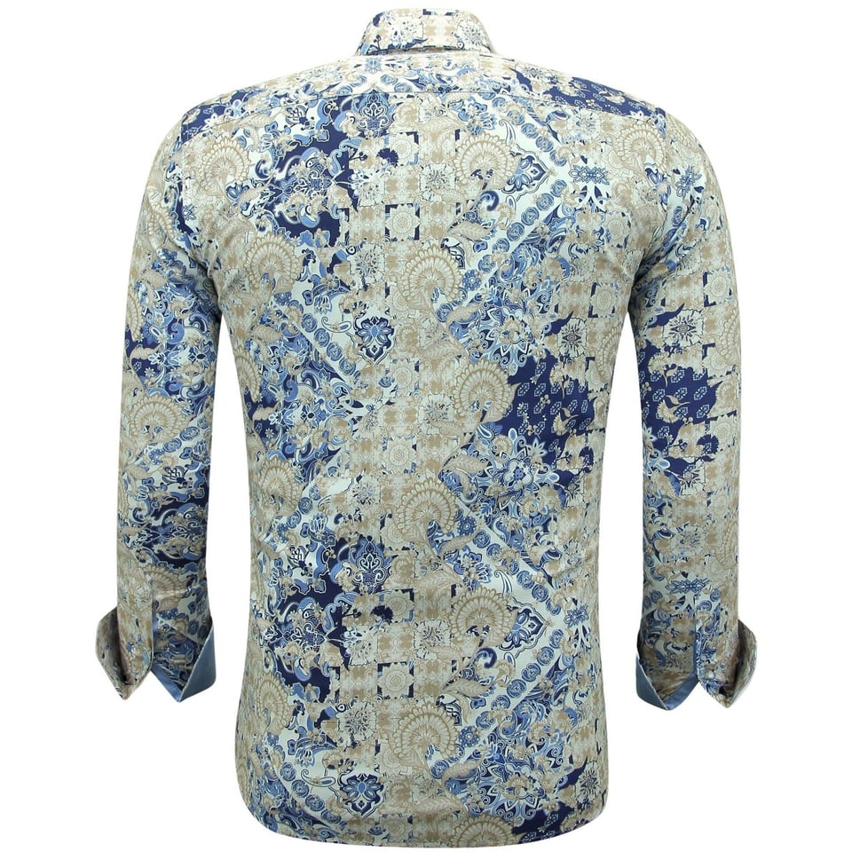 Heren Print Overhemden Lange Mouw Slim Fit - 3140 - Blauw