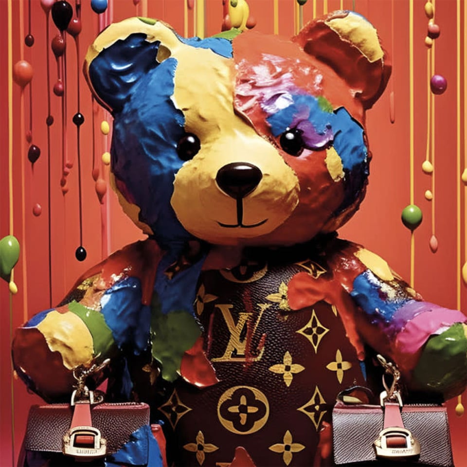 Glasschilderij Teddy Beer Louis Vuitton Multicolor 60x80cm