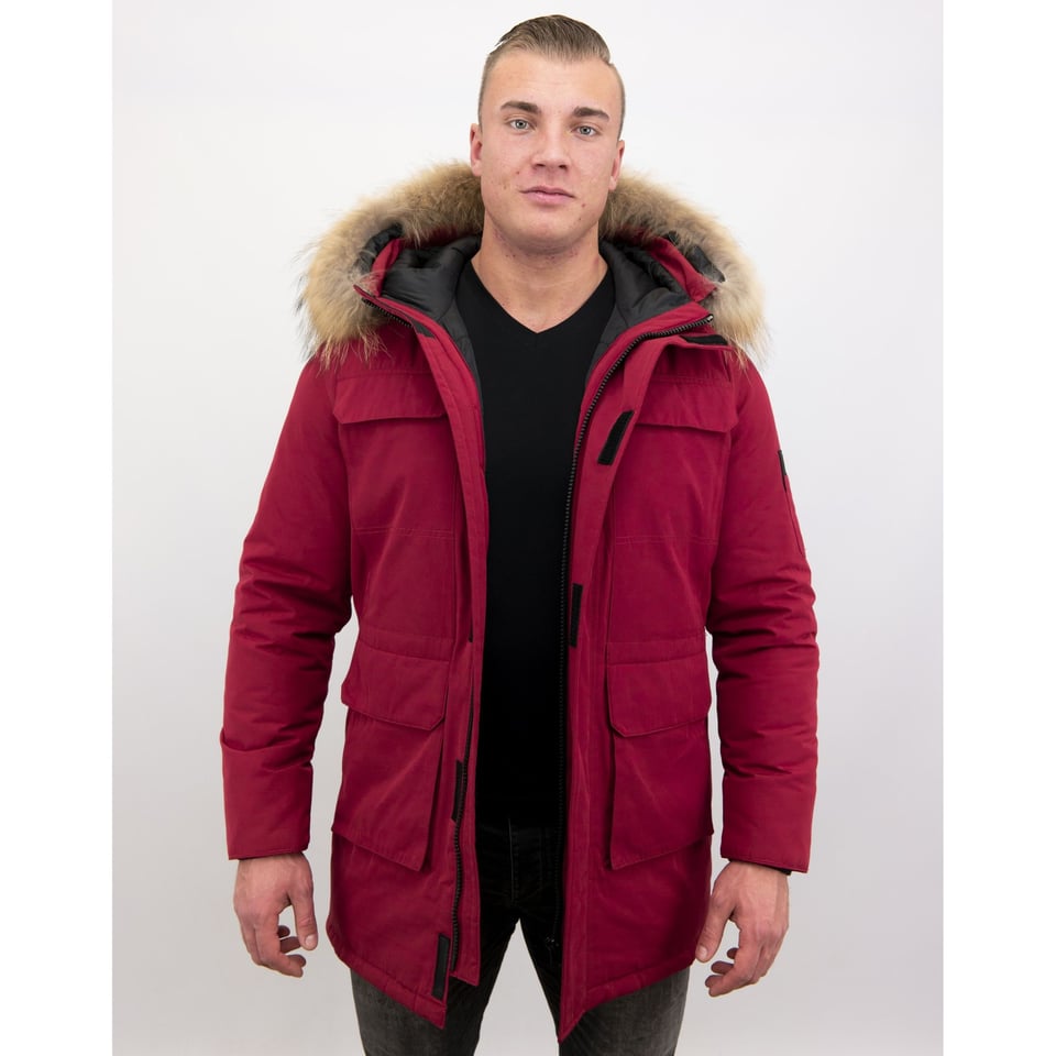 Parka Heren Winterjas Met Grote Echte Bontkraag Rood