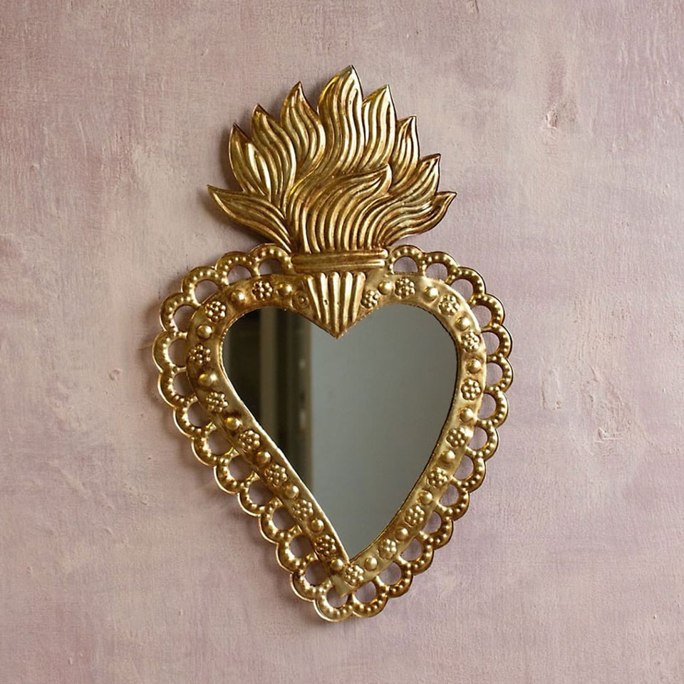 Spiegeltje Hart Met Vlammen Antiek Goud 28x40cm