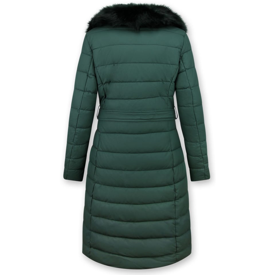 Lange Dames Winterjas Parka Met Zwarte Faux Bontkraag Groen