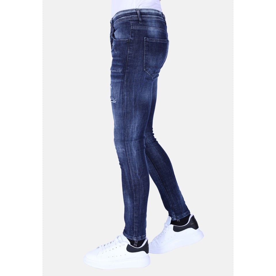 Donkerblauwe Slim Fit Heren Jeans Met Gaten - 1101 - Blauw