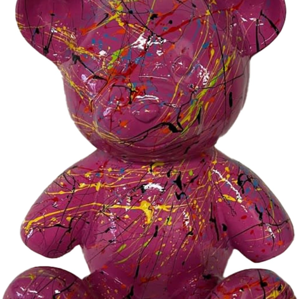 Beeld Design Teddy Beer Zittend Fuchsia Multicolor Splash 30x32cm