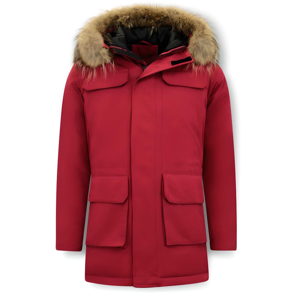 Parka Heren Winterjas Met Grote Echte Bontkraag Rood