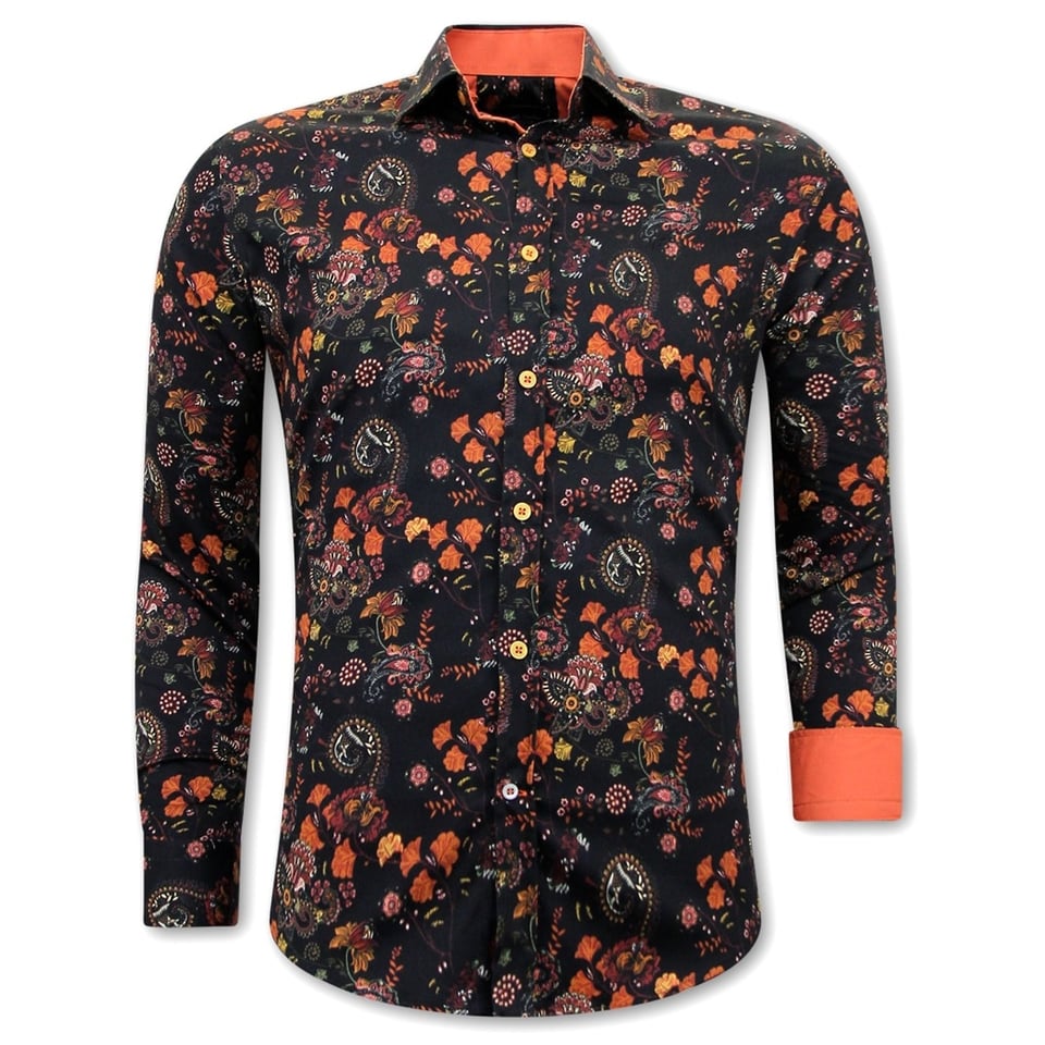 Luxe Heren Overhemd Bloemenprint - Slim Fit -3100 - Zwart