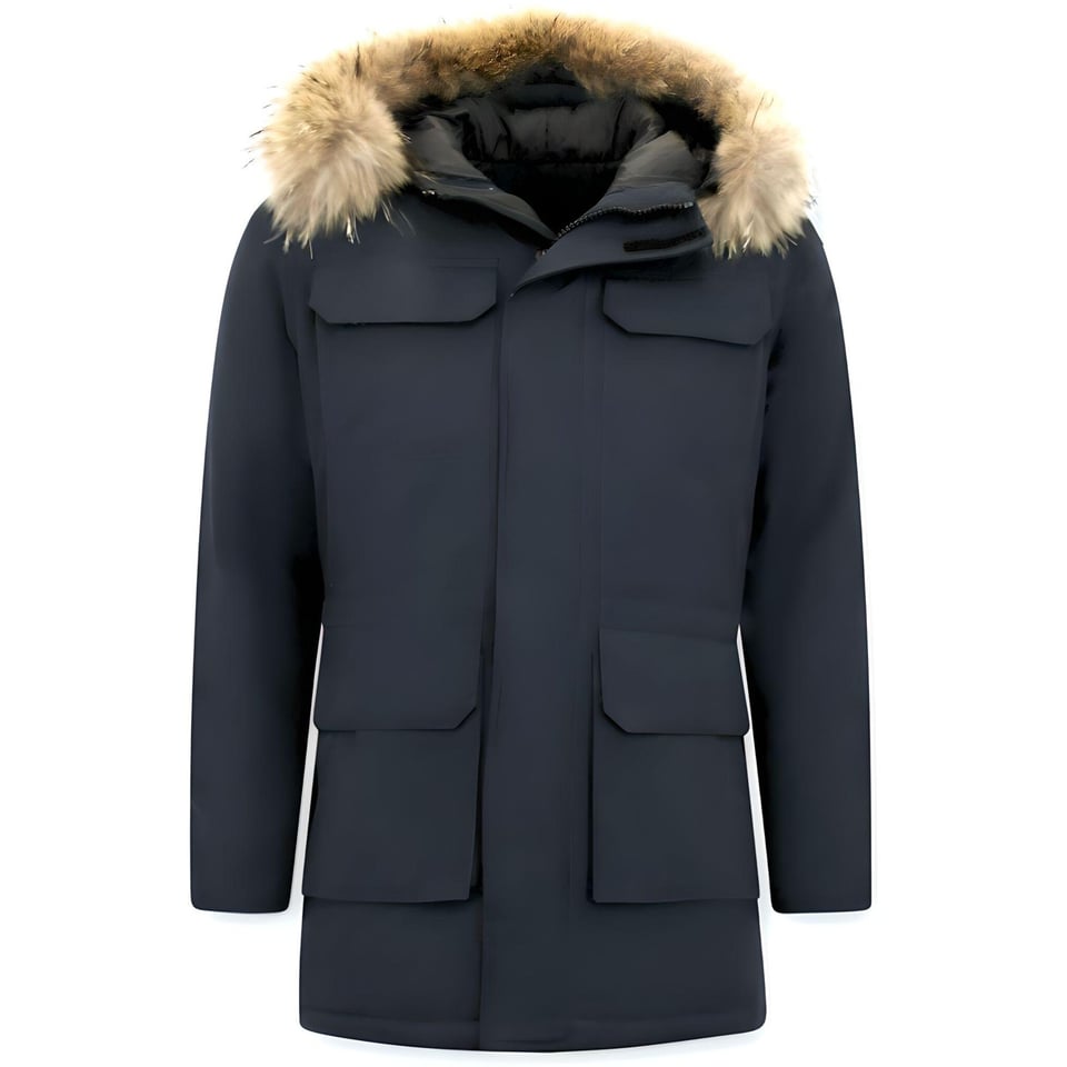 Parka Heren Winterjas Met Grote Echte Bontkraag Blauw