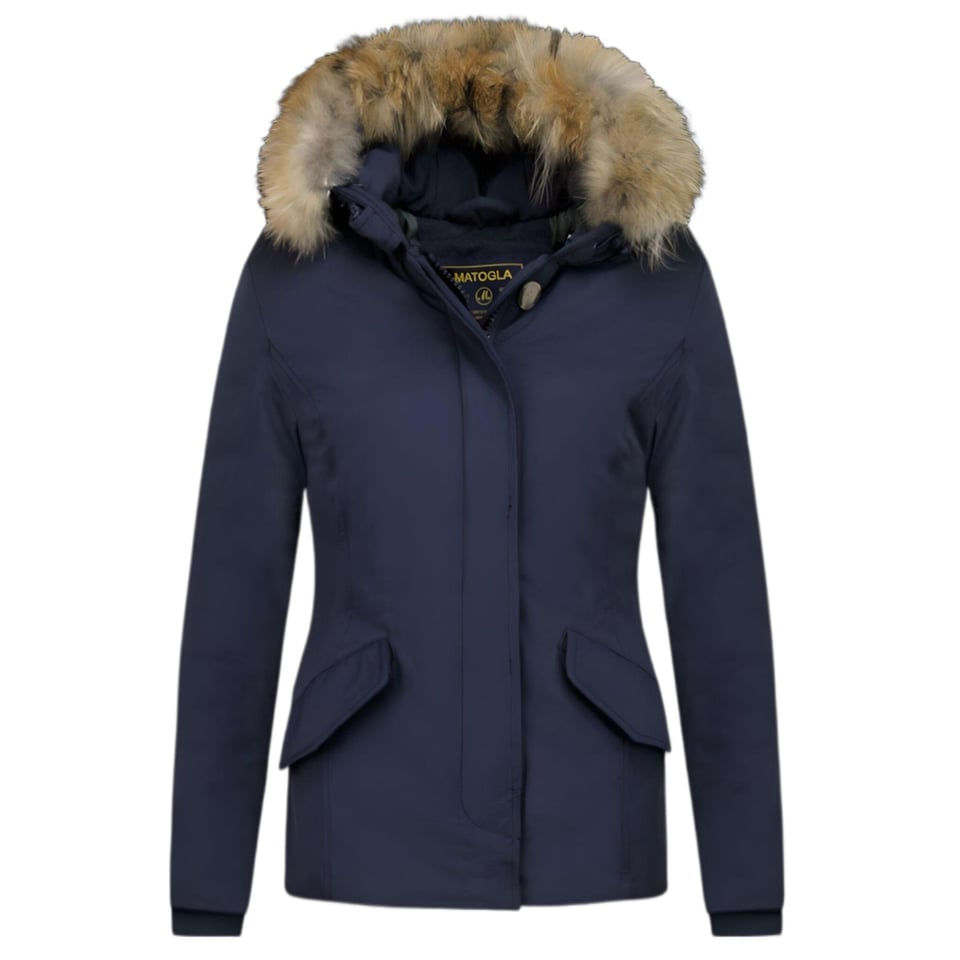 Bontjassen - Dames Winterjas Wooly Kort - Grote Bontkraag - Blauw