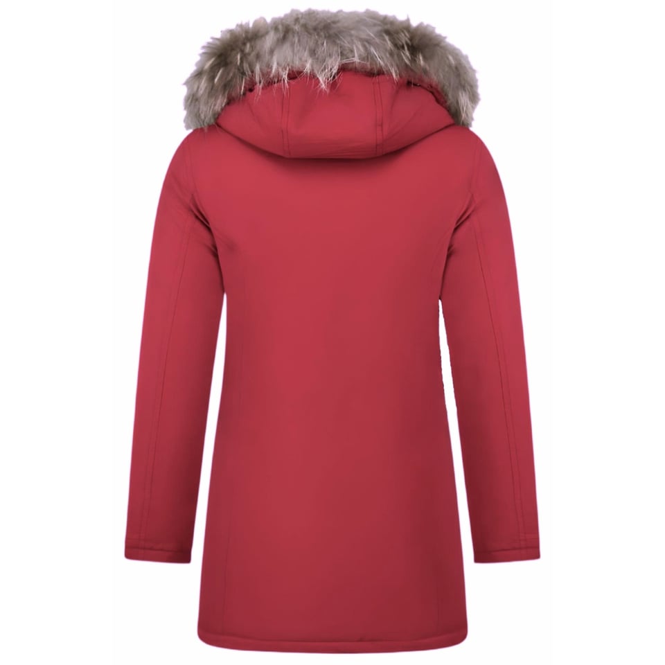 Bontjassen - Dames Winterjas Wooly Lang - Bontkraag - Rood