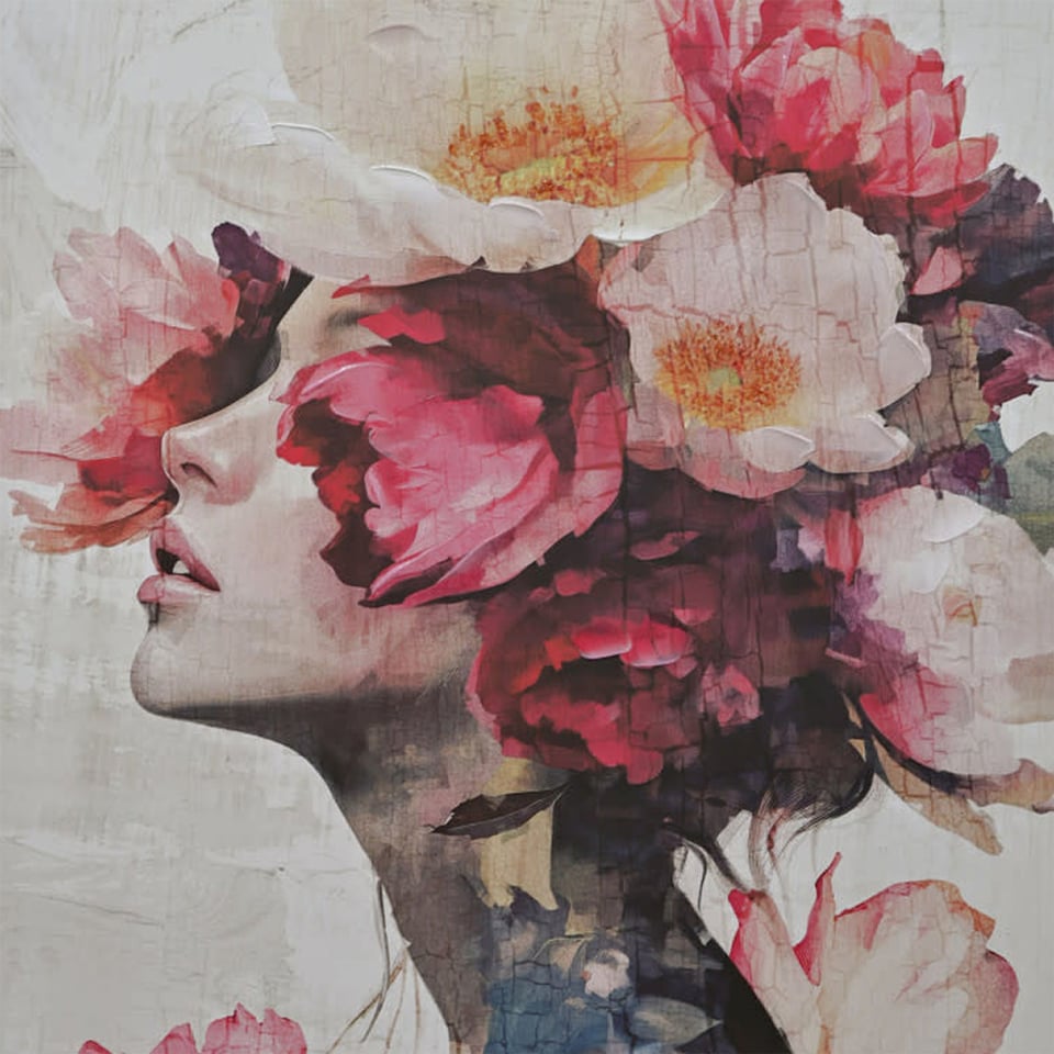 Schilderij Vrouw Met Bloemen Vintage Op Canvas 83x123cm Ingelijst