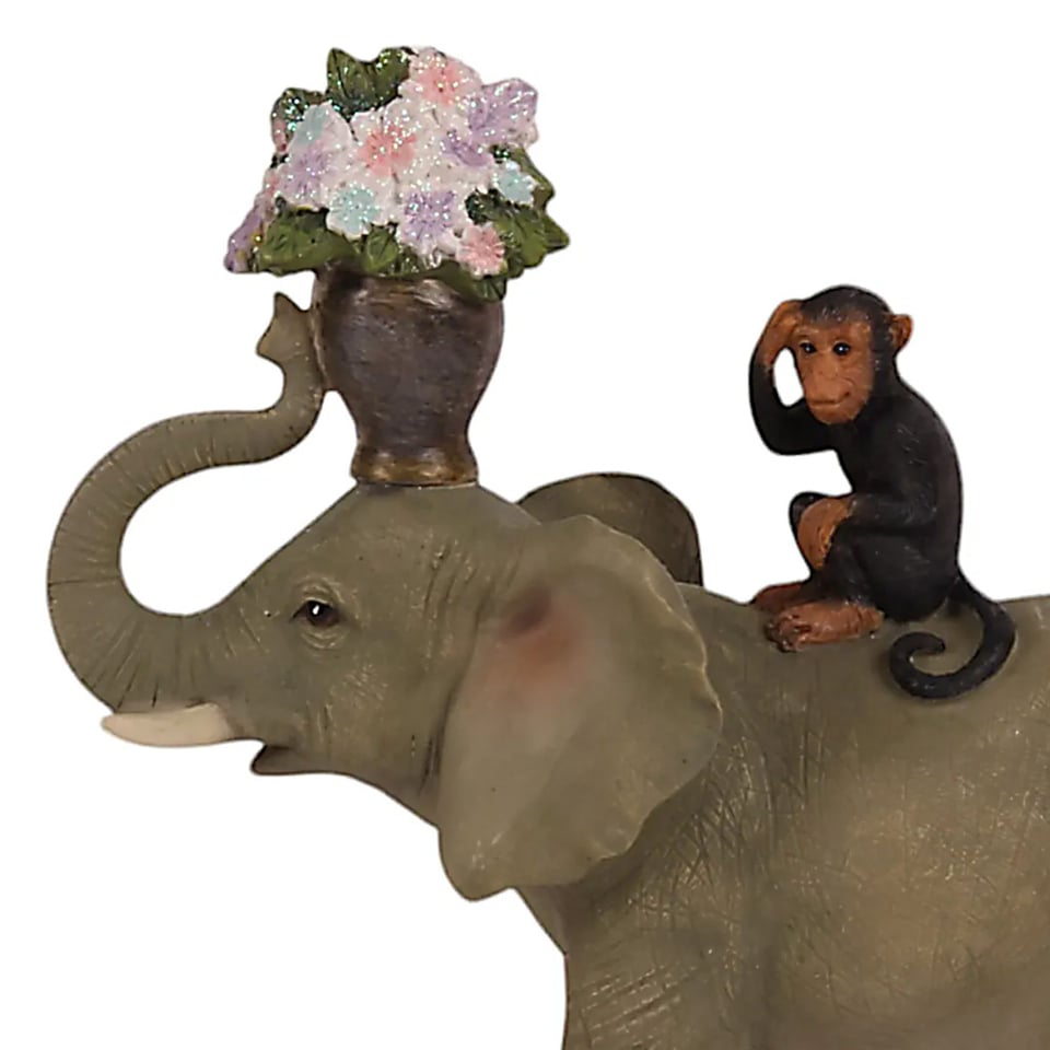 Beeldje Olifant en Aapje Met Bloemen Multicolor 18x18cm