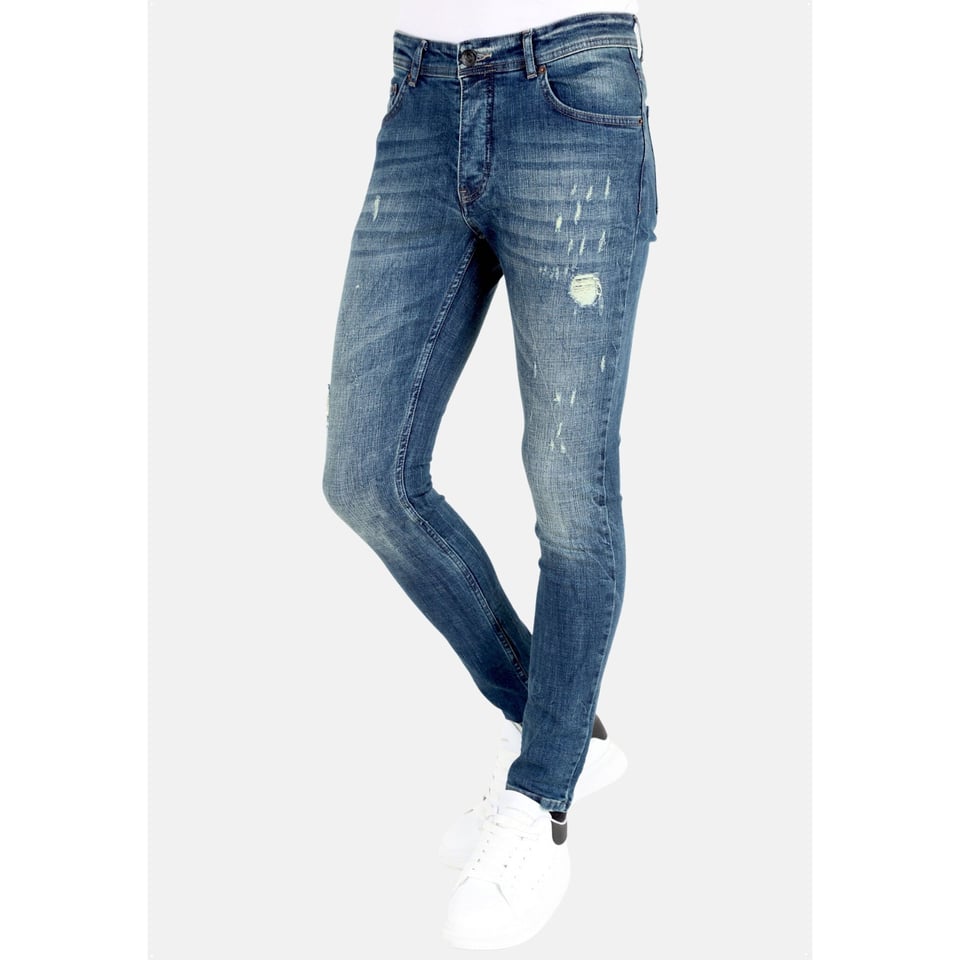 Blauwe Slim Fit Jeans Met Scheuren Heren -MM118- Blauw