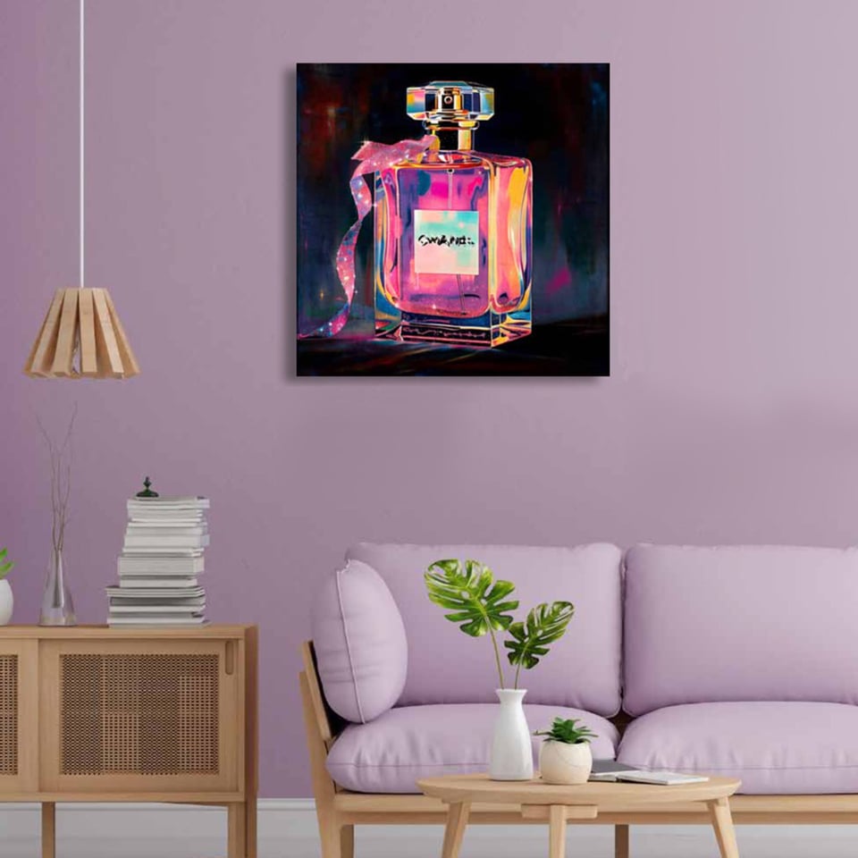 Schilderij Parfum Fles Met Lint Neon Canvas 60x60cm