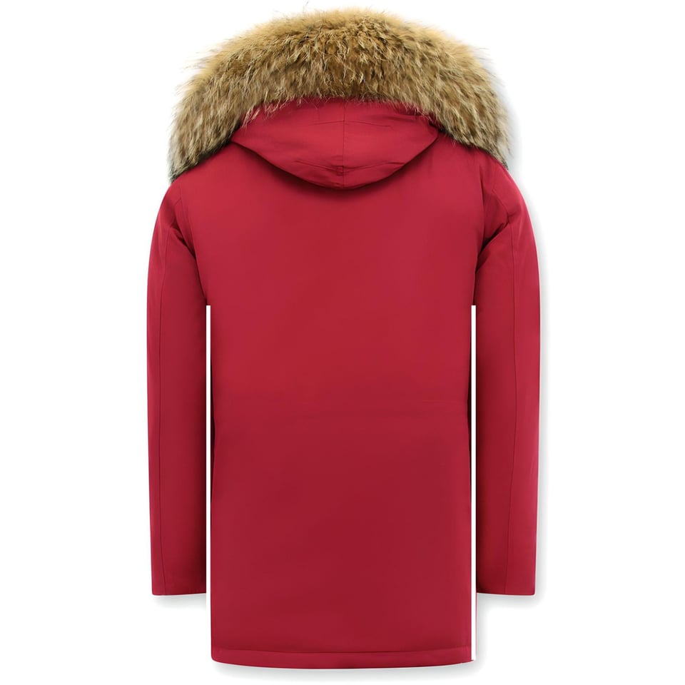 Parka Heren Winterjas Met Grote Echte Bontkraag Rood