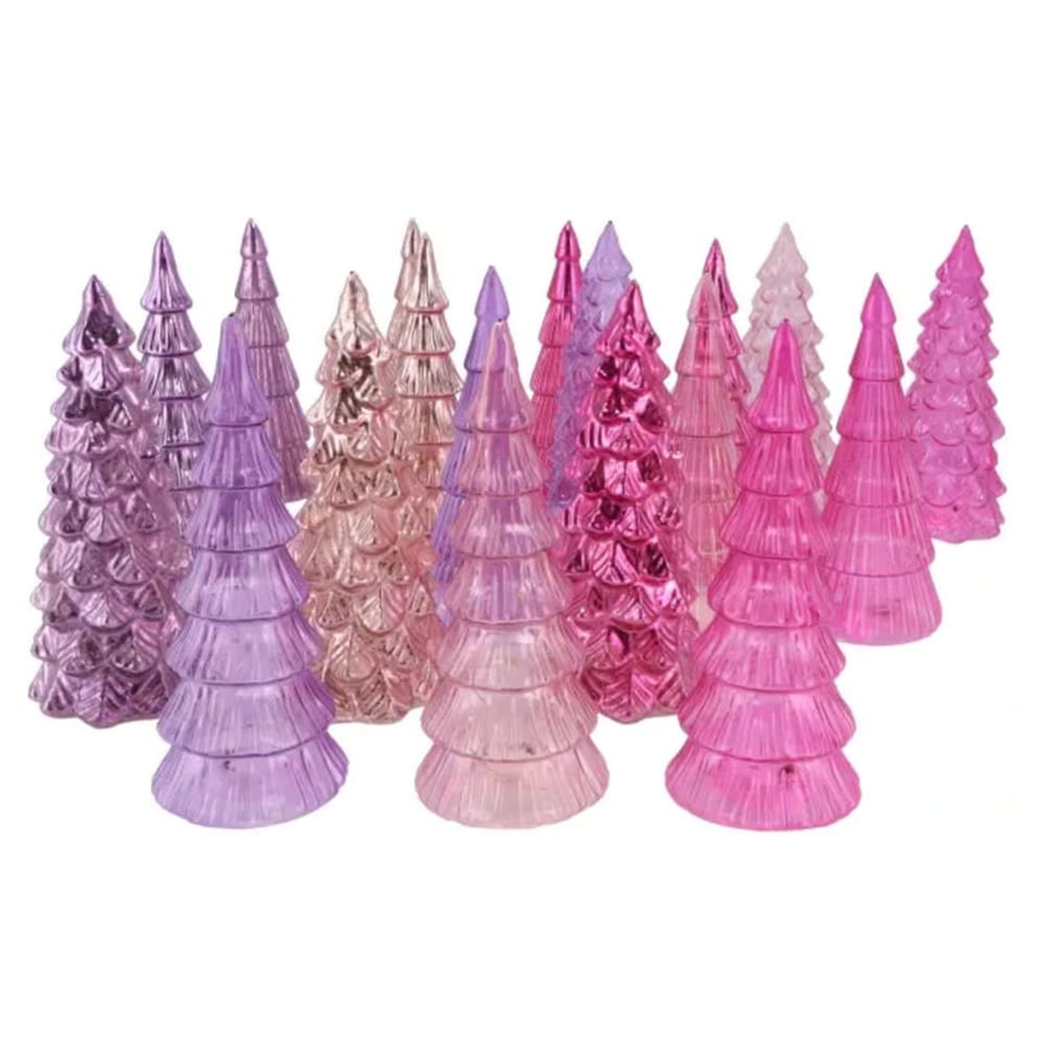 Kerstboompjes + LED Lampjes Glas Pink 9x20cm 3 Kleuren 3 Vormen