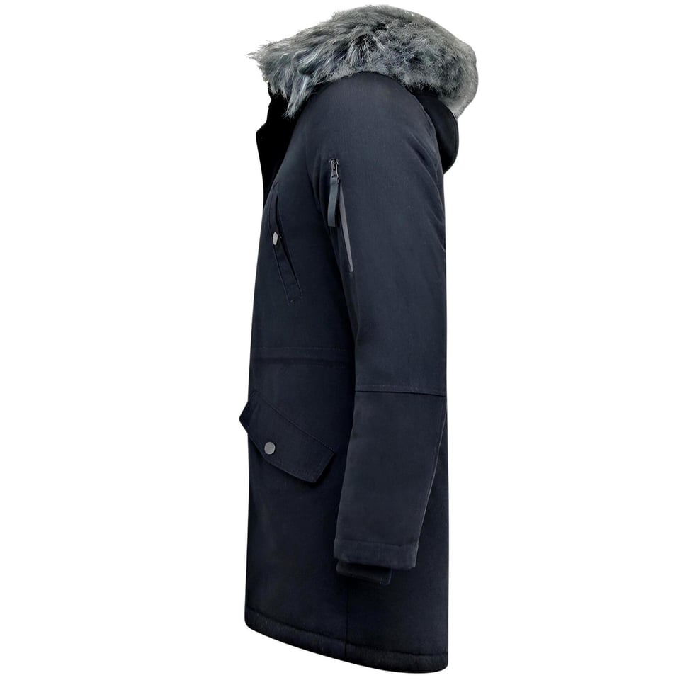 Lange Heren Winterjas Met Faux Bontkraag Zwart