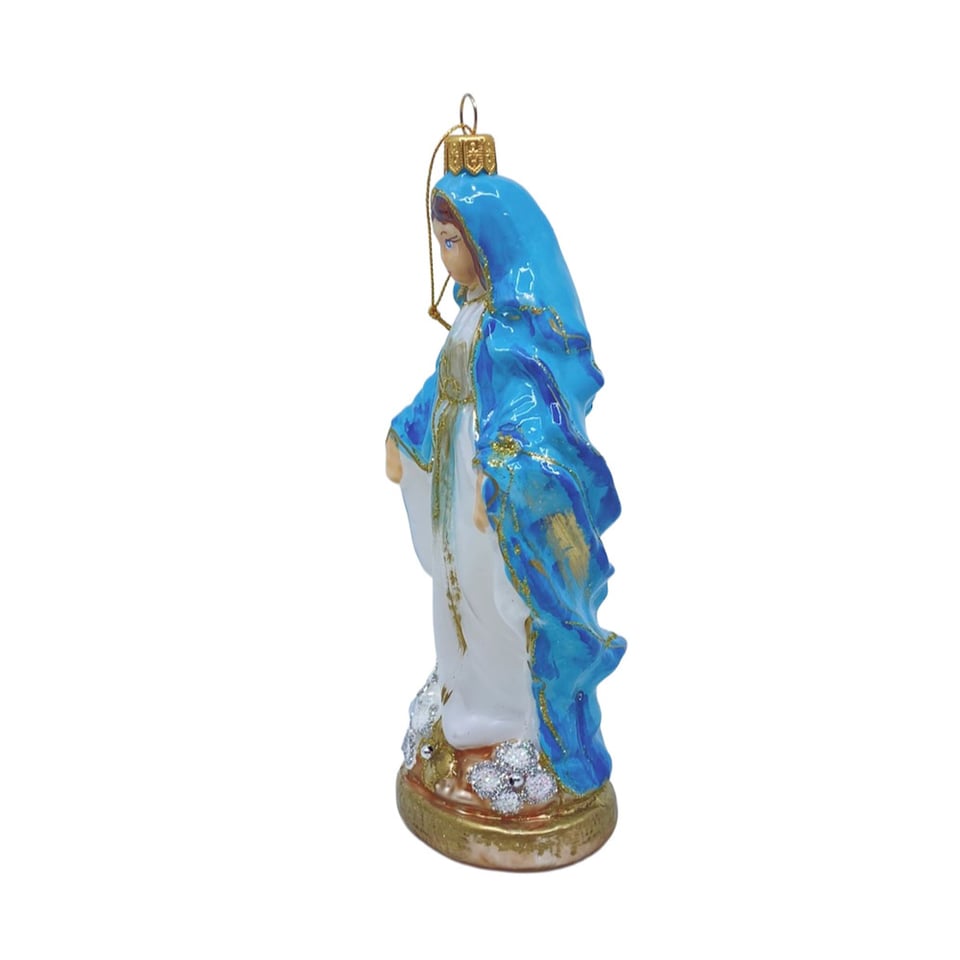 Kerst Ornament Maria Blauw-Wit Glas 16cm Met Hanger