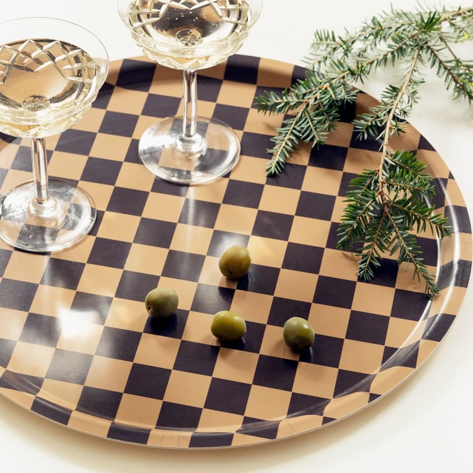 Blu Kat Dienblad Chocolate/ Gold Checker Rond 38cm