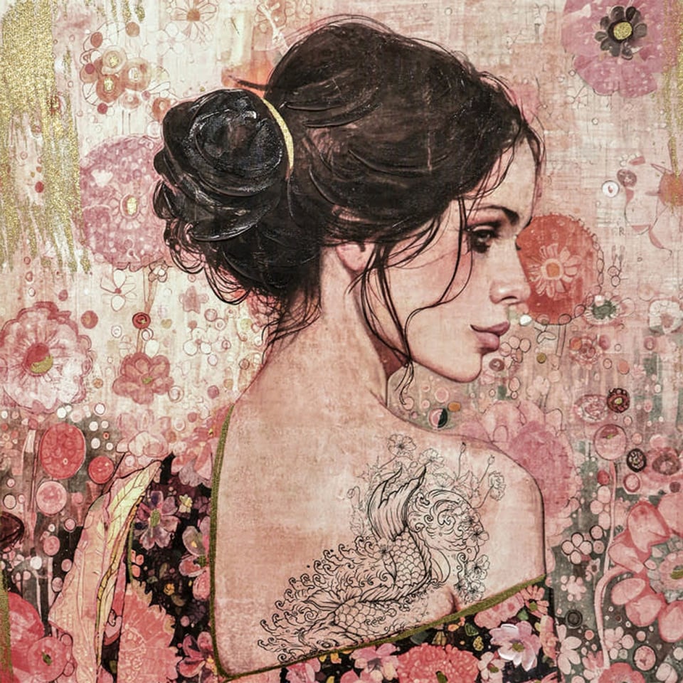 Schilderij Vrouw Met Tattoo Op Canvas 83x123cm Ingelijst