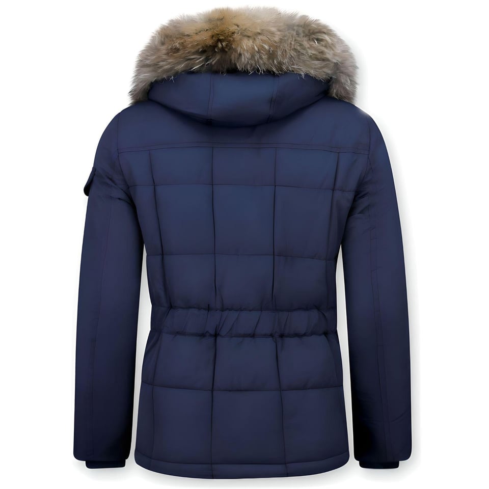 Bontjassen - Heren Winterjas Lang - Grote Bontkraag - Parka Ruiten - Blauw