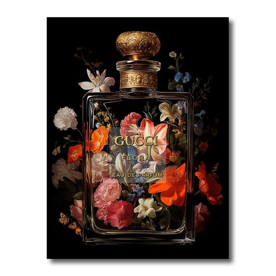 Glasschilderij Gucci Parfum Flora Multicolor Zwart 60x80cm