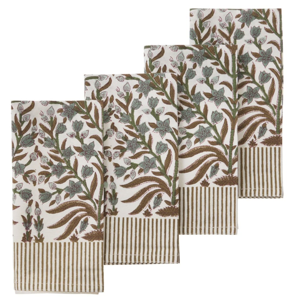 Bungalow Groen Gebloemd en Gestreepte Blokprint Servetten Jasmine Sage, 4 Stuks 45 X 45 Cm