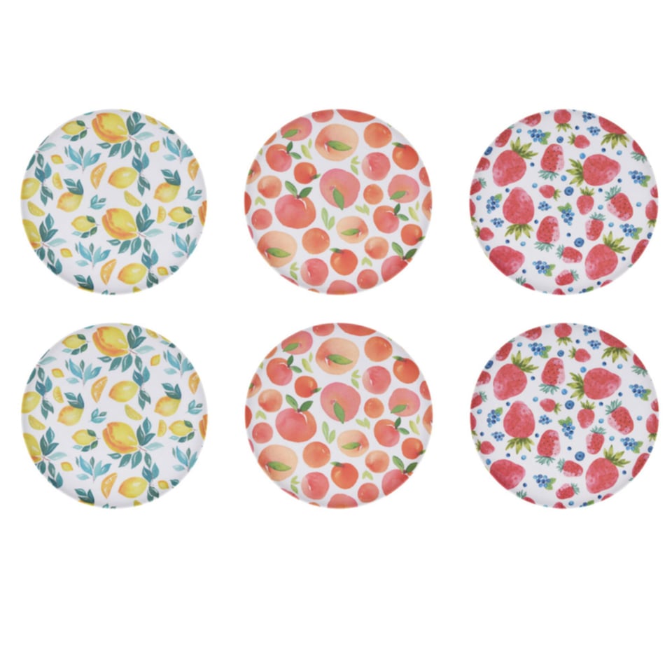 Zomers Fruit, Melamine Borden Ø25 Cm, Set Van 6, Met Print Van Bosvruchten, Sinaasappels en Citroenen